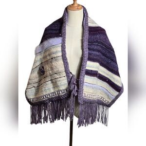 Purple and Cream Striped Hand Knit Shawl with Fringe And Embellishments